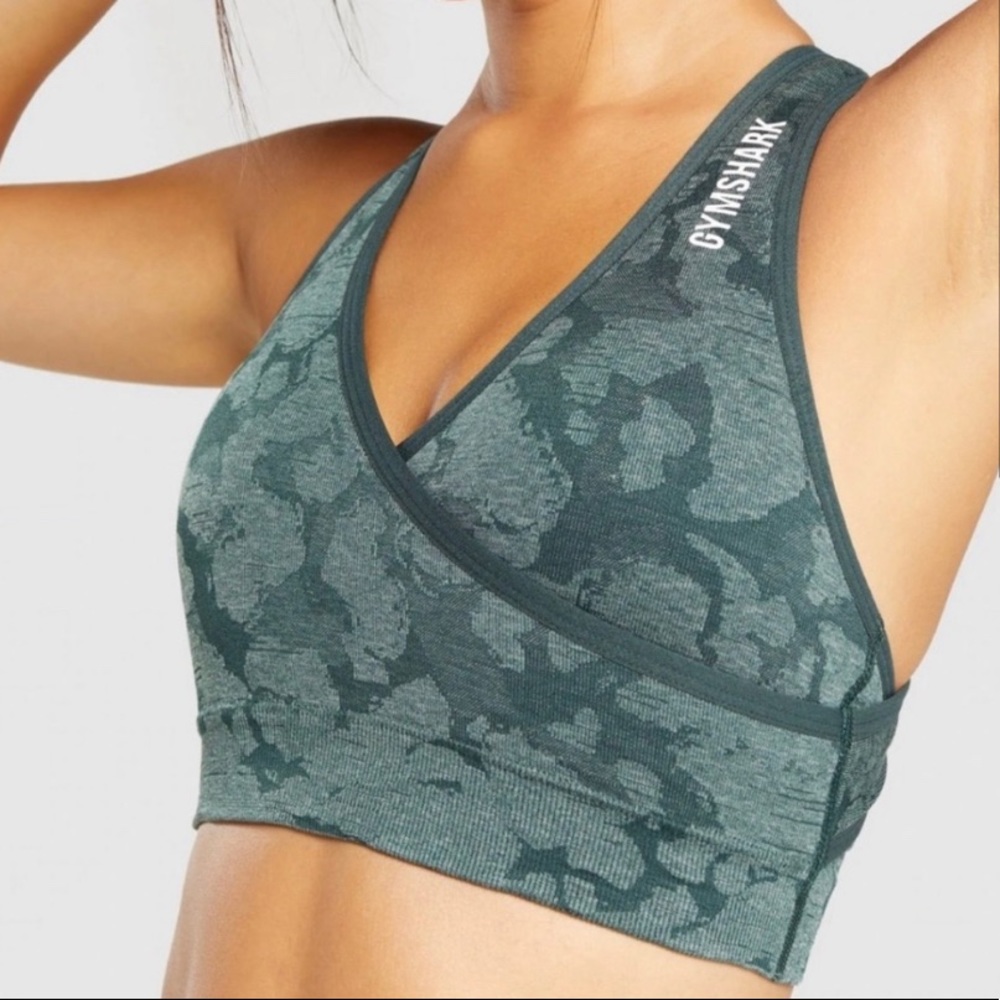 Gymshark Adapt Camo Seamless Wrap Front Criss Cross Back Sports Bra In Forest S